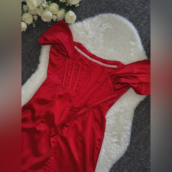 Beautiful red satin fishbone evening cocktail party corset dress L - Picture 9 of 9